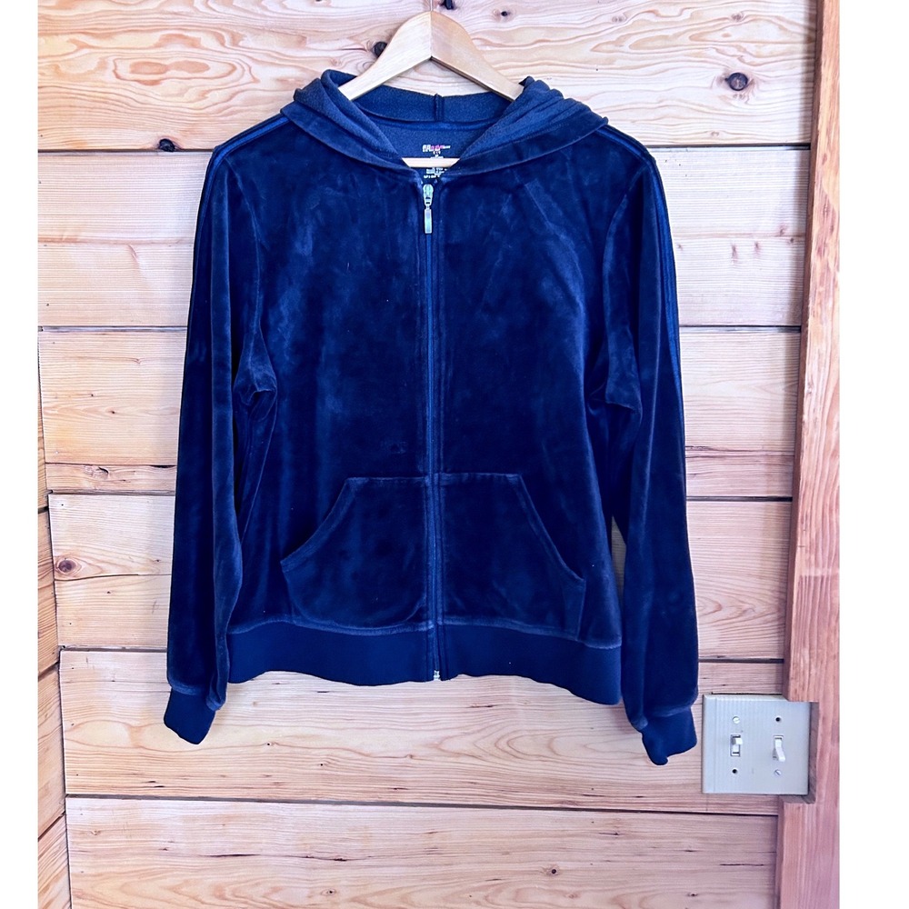 Vintage Velour Hoodie Womens Large Navy Blue Zip Up Velvet St Johns Bay